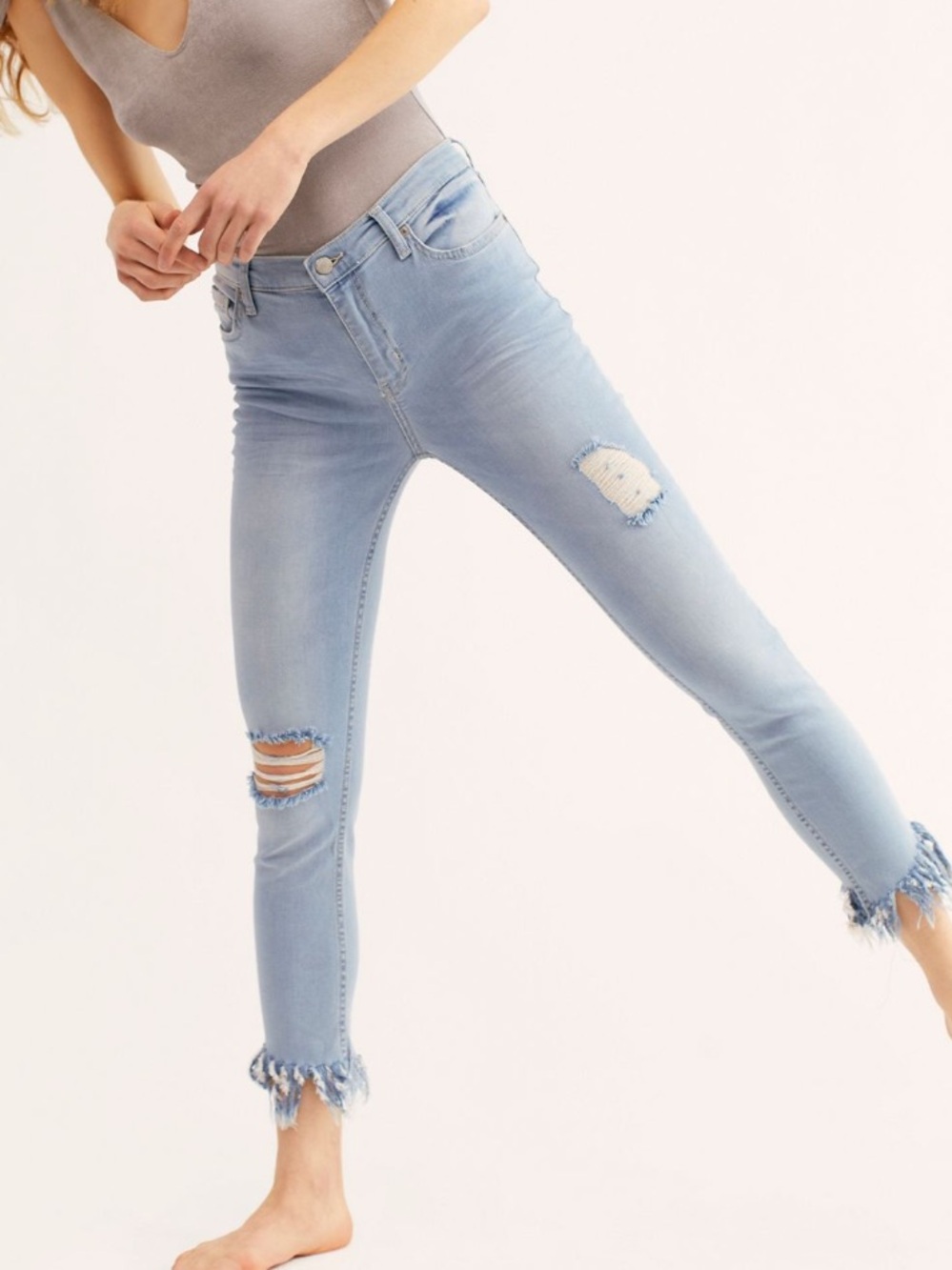 Free People Montauk Light Blue Distressed Skinny Jeans with Fringed Hem